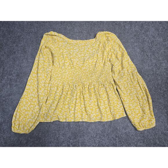 American Eagle Shirt Womens Medium Yellow Floral Long Sleeve Blouse Ruched Top - Picture 4 of 10